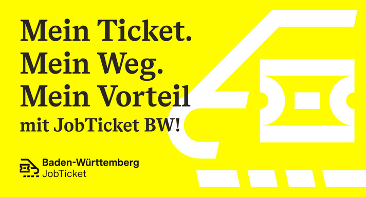 Illustration eines Zuges mit Text "Mein Ticket. Mein Weg. Mein Vorteil mit JobTicket BW".