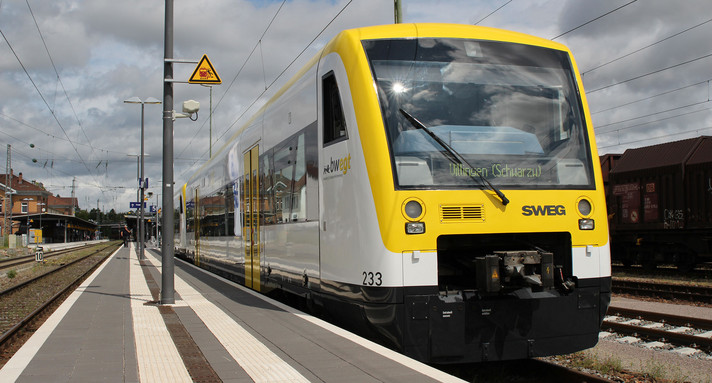 Ein Zug des Typs Regioshuttle 1 steht an einem Bahnsteig.